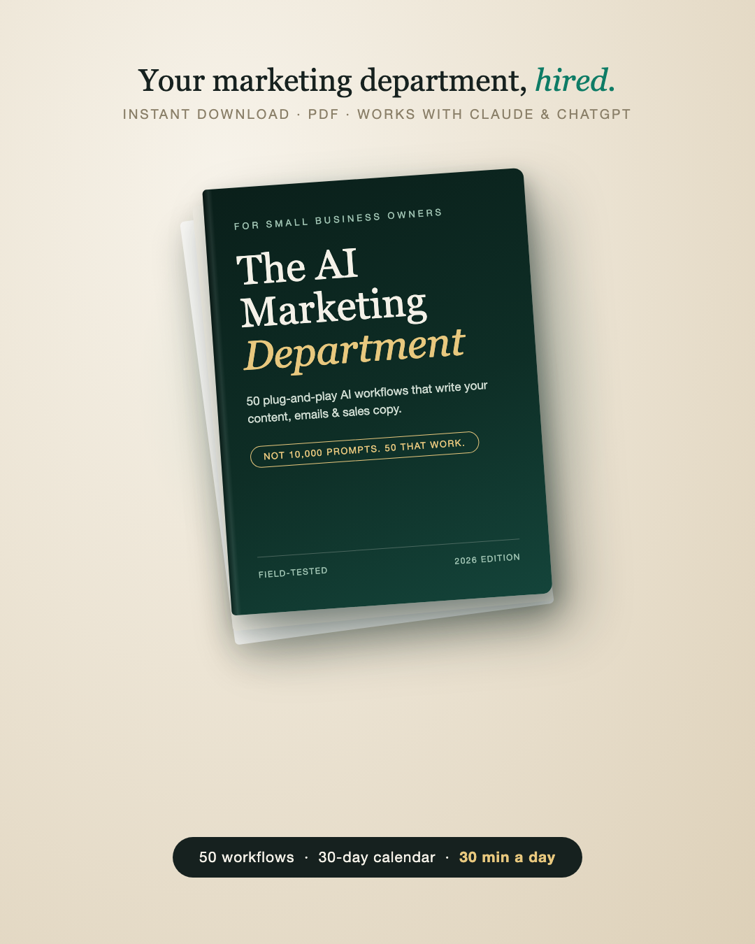 The AI Marketing Department — dark forest-green PDF cover with the title set in serif type